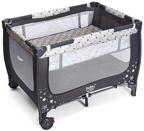 COSTWAY 2 in 1 Reisebett & Laufstall klappbar, 120 x 60cm Kinderbett, 2 Ebenen Babybett mit Matratze und Tragetasche (Grau)