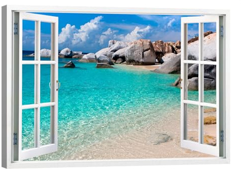 canvashop Quadri Moderni Soggiorno Finestra Aperta sul Mare 100X70 cm | Sardegna, Stampe Da Parete Su Tela Canvas, Effetto 3D
