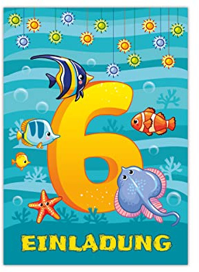 Junapack 12 Einladungskarten zum 6. Kindergeburtstag sechste Geburtstag Jungen Mädchen Fische