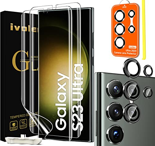 ivoler 2+1 Stück Schutzfolie für Samsung Galaxy S23 Ultra 5G, 2 Stück Displayschutzfolie [Nicht-Glas] und 1 Stück Kamera Glas, Weiche TPU Folie, Vollständige 3D-Gewölbte Fingerabdruck-ID Displayfolie