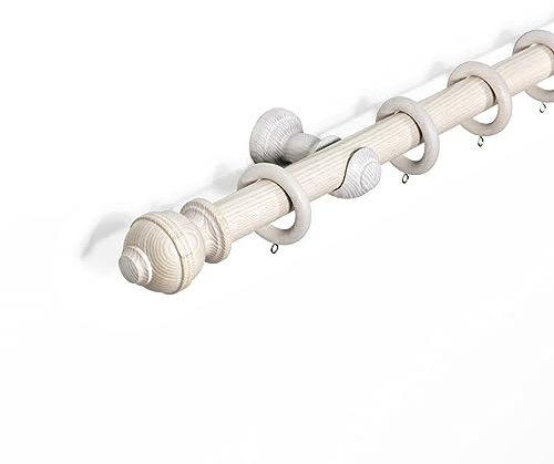 Lister Cartwright 33 mm Ribbed Ball Wood Curtain Poles Fixed Length Premium Quality Curtain Pole Wooden Beautiful Design Rubber Wooden Finials, Antique White 150 cm