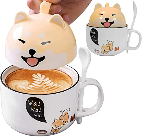 MeYuxg Tazas de Cafe Shiba Inu - Taza Linda con Tapa y Cuchara - Tazas Personalizadas - Taza de Cerámica Multifuncional - Regalo de Cumpleaños - Taza de Café para Leche, Café, Jugo