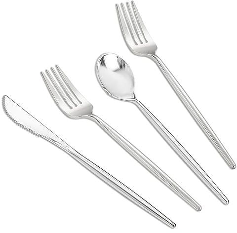 SUT 300PCS Silver Cutlery Set, Heavy Duty Disposable Utensils Include 100 Forks, 100 Spoons and 100 Knives, Premium Flatware for Party, Wedding, Birthday and Catering Events