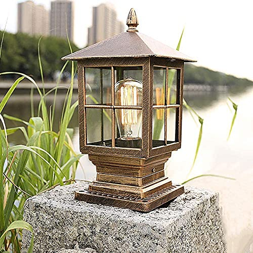 Mengjay E27 Wegeleuchte Außen Vintage Gold Sockellampe Gartenlampe Aluminiumguss Säulelampe Wasserdichte Sockelleuchte Außenleuchte Retro Spalte-Lampe Rasenleuchte Wegelampe Aussenlampe