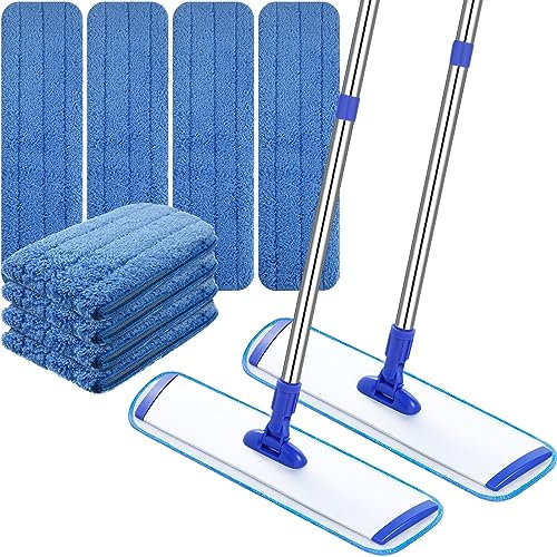 Uiifan 2 Set Microfiber Mops Set 18 Microfiber Mops for Floor Cleaning Flat Mop for Hardwood Floor Flat Mop with Stainless Steel Handle Wet and Dust Mop with 8 Reusable Washable Mop Pads
