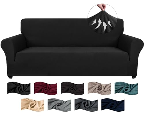CYCMACO High Stretch Sofa Überzug 3 Sitzer, Sofabezug rutschfest, Couch Bezug Elastischer, Jacquard Sofahusse Mit Armlehnen, Universal Sofa Covers, Couchüberzug Waschbare, Schwarz