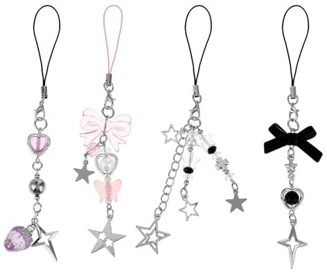 Amaxiu Lot de 4 breloques mignonnes pour téléphone portable - Motif fraise - Papillon - Étoile - Accessoire pour la plupart des coques de téléphone portable - Porte-clés - Décoration d'appareil photo,