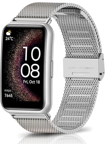 KoGiio Armband Kompatibel mit Huawei Watch Fit/Watch Fit New/Watch Fit Elegant/Watch Fit SE, Männer und Frauen Atmungsaktiv Ersatzarmband, Gewebte Edelstahl Mesh Metall Uhrenarmband - Silber