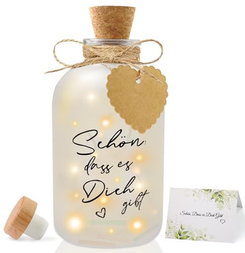 Brmeday LED Flaschenlicht mit Spruch Schön DASS es Dich Gibt, Dekoflaschen mit Korken, Leuchtflasche mit Grußkarten, Personalisiert Geschenke für Frauen Freundin Hochzeit Geburtstag Abitur Geschenk