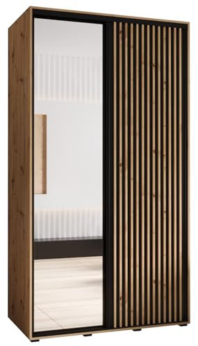 MEBLE KRYSPOL Sapporo 2 Moderner Schrank mit Zwei Schiebetüren mit Spiegel, Stange, Regalen - Aufbewahrungsschrank für Schlafzimmer, Wohnzimmer - 205,2x130x60 cm - Artisan Schwarz Artisan