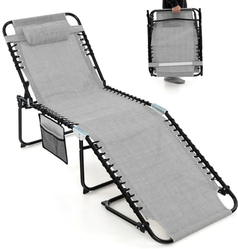 COSTWAY Tumbona Jardin Exterior, Tumbona Plegable con Respaldo Reclinable de 4 Posiciones, Bolsillo Lateral y Reposacabezas Desmontable, Tumbona Teclinable Playa Piscina, 188 x 59 x 41cm (Gris)
