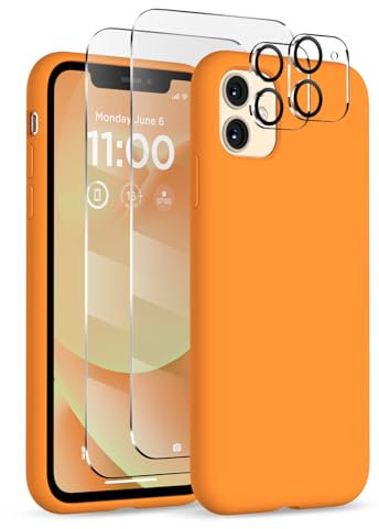 COFFKER for iPhone 11 Phone Case, [2X Screen Protector + 2X Camera Protector], Liquid Silicone Ultra Slim Shockproof Protective Cover, Soft Microfiber Lining with iPhone 11 Case 6.1, Orange