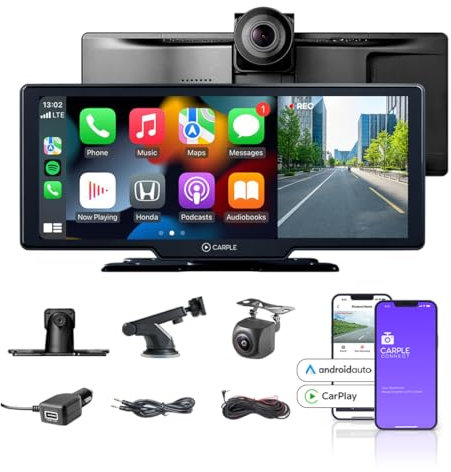Pantalla Wireless CarPlay 10,26 IPS con Screen Mirroring, Bluetooth, Android Auto, Cámara Frontal 4K y Cámara Trasera 1080P, App Incluida para Funciones Avanzadas