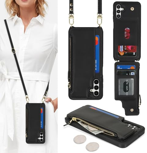 SailorTech Handyhülle für Samsung Galaxy A15 Etui mit Kartenfach, Samsung Galaxy A15 Hülle mit Verstellbarer Halskette, Samsung Galaxy A15 Handytasche mit Reißverschluss Geldbörse-Schwarz