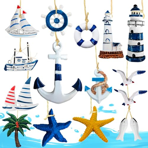 Dtoterul 15 Stück Maritime Anhänger Nautische Deko, Maritime Dekoanhänger Set, Holz Anker Dekoration Steuerrad, Seestern Boot Anker Leuchtturm Fisch Kokospalme, für Mini-Fischernetz, Wanddekorationen