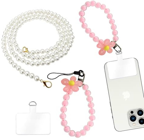 SJUNJIE 3 Pièces Bracelet Telephone Portable Perle Cordon Telephone Portable Universel Bijoux Telephone Portable Fleur Chaine Portable Compatible avec la Plupart des Téléphones et Sacs