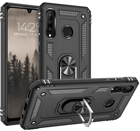 LBH Outdoor Hülle für Huawei P30 Lite Armor Militär Stoßfest Handyhülle 360 Grad Metal Ring Halter Ständer Schutzhülle für Handyhalterung Auto Magnet Schwarz
