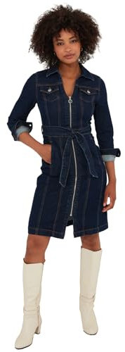 Joe Browns Women's Fashion Vintage Zip-Front Tie-Waist Stretch Denim Dress, Regular Fit, Dark Indigo, UK 18