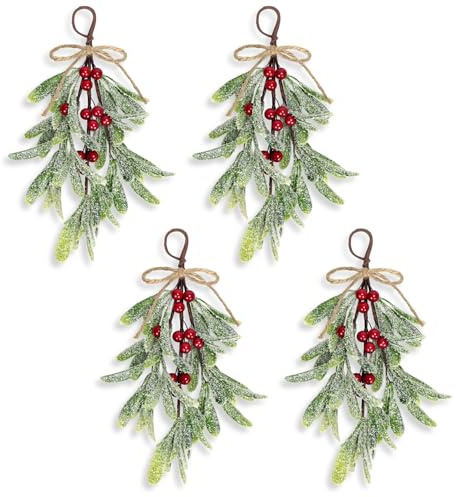4 Pcs Christmas Artificial Mistletoe Decoration Picks, Jute Twine Bow Artificial Mistletoe Ornament Hanging Ornament Mistletoe Picks with White Berries for Christmas Tree Decoration (Red Berries)