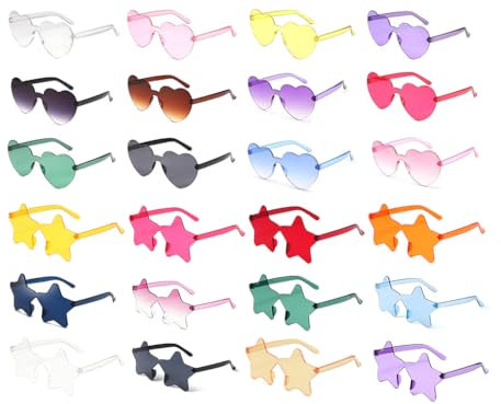 Anlising 24PCS Occhiali a Cuore, Stella e Colorati Trasparenti - Senza Montatura, da Sole, per Festa Hippie, Partito e Puntelli Fotografici
