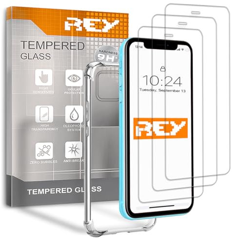 REY 3X Protector de Pantalla y Funda Anti-Shock para iPhone 11, Cristal Vidrio Templado y Silicona TPU de Alta Resistencia