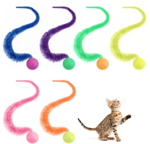 6 Pezzi Palline Oscillanti per Gatti - Palla a Coda Lunga Rimbalzante con Code per Inseguire e Saltare Su, Verme Giocattolo