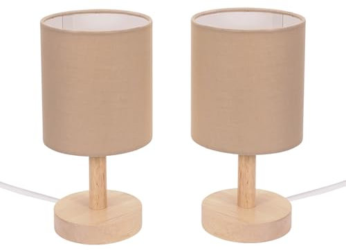 ValueLights | Natural Wood Base Table Lamps with Natural Cylinder Fabric Lampshade | Home Décor, Bedside & Desk Lamp | Pair of 2 | Includes Bulb