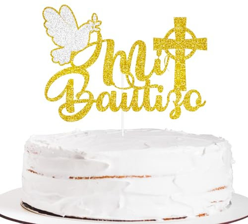 Mi Bautizo Birthday Cake Topper Decorations Gifts Gold Glitter Sign Cake Toppers for Boy and Girls Table Centerpieces