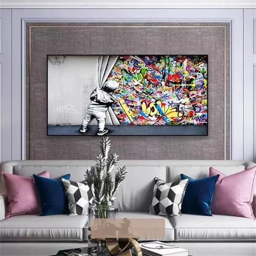 HNKDKJ Street Art Banksy Graffiti Wandkunst Hinter dem Vorhang Leinwand Poster und Drucke Bilder für Wohnzimmer Heimdekoration 50x125cm/20x49Zoll - mit schwarzem Rahmen