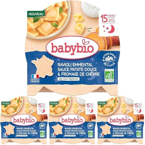 BABYBIO - Ravioli Emmental sauce Patate Douce pointe de Fromage de chèvre français - 15+ mois - 190g - BIO (Lot de 4)