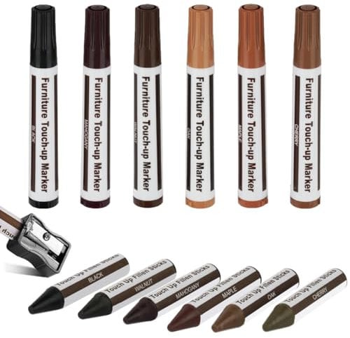 Furniture Repair Kit Wood Markers & Wax Sticks with Sharpener(13 Pc Set) - 6 Colors. for Funiture Repair,Floor Scratch.Touch Up Repair System Set,Wood Restore Pack.Wood Repair Touch Up Repair Pen