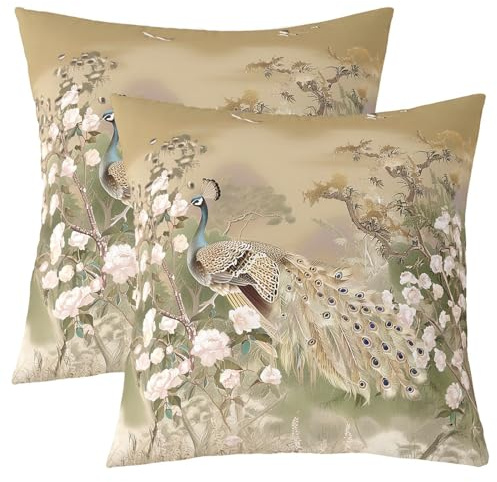 Homemissing Pfau Kissenbezüge 45x45cm Pfau Mit Blumen 2er Set Kissenbezüge Kissenbezug für Kinder Jungen Mädchen Golden Kissenhülle Tier Dekokissen
