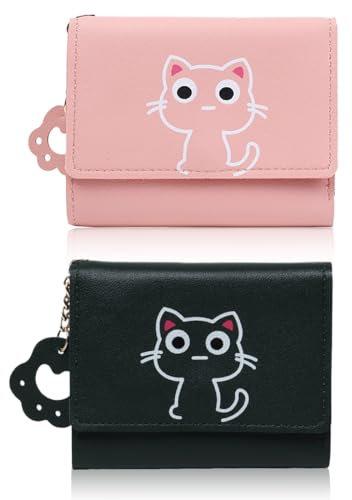 IKOPFLN 2 Stück Süß Geldbörse Damen Klein,Dünn Bifold Leder Portemonnaie Damen Mit Schutz,Geldbeutel Mädchen Mit Reißverschluss Münzfach (Schwarz&Rosa)