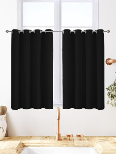 VEHEDE Gardinen Wohnzimmer Thermovorhang gegen Kälte Übergardinen 2er Set Vorhänge Schlafzimmer mit Ösen Vorhang Verdunkelung Blickdicht Gardinen Kurz Fenster Küche, H 84 x B 117 cm, Schwarz