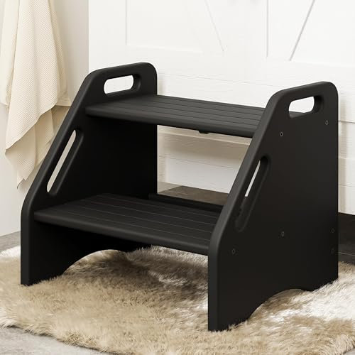 AMBIRD Wooden Two-Step Stool with 136kg Capacity, featuring Safety Non-Slip Pads and Handles, Bamboo Step Stool for Bathroom and Kitchen - Dual Height for Kids (Black)