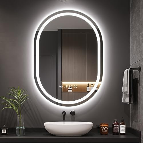 Dripex Espejo de Baño con Luz LED, Espejo Ovalado, Antivaho, Dimmable, con Pantalla Reloj/Temperatura, Función de Memoria, IP44, IRC 90+, Espejo Multifuncional Decorativo para Baño