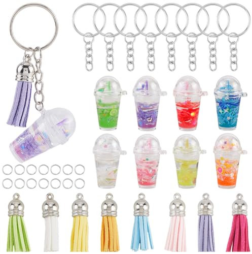 SUNNYCLUE 45Pcs DIY 8 Sets Milk Tea Cup Keychain Bubble Tea Charms With Faux Suede Tassels Mini Sweet Cute Milktea Cups Colorful Drink Charms for Handbags Purses Bags Backpacks Women Adults Supplies