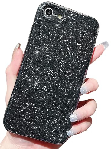 Finyosee for iPhone SE Case 2022/2020(3rd/2nd Generation),iPhone 8/7, Cute Aesthetic Bling Glitter Thin Slim Shockproof Sparkly Shiny Cover 4.7 inch for Women Girl-Black