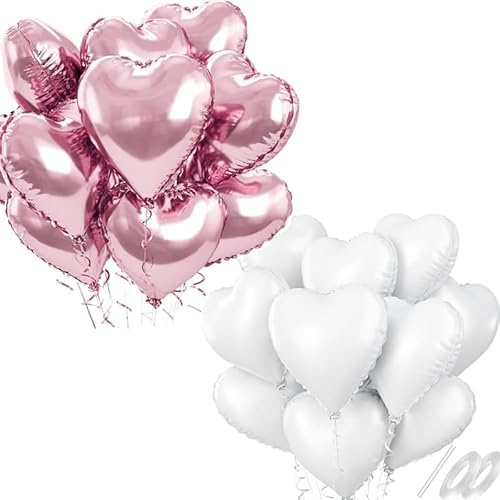 Waziwe [24 Stück] Herzluftballons • 18 Zoll Herz Folienballons Können mit Helium Gefüllt Werden, perfekt für Hochzeitsdeko, Valentinstag Deko Babypartys und Luftballons Geburtstag（Rosa Weiß）