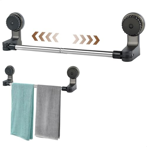 Toallero de Pared Extensible, 36-61 cm Ventosa Toallero, Soporte de Toalla y Ropa Regulable 180° sin Taladro, Ideal para Baño y Cocina （Negro Transparente）