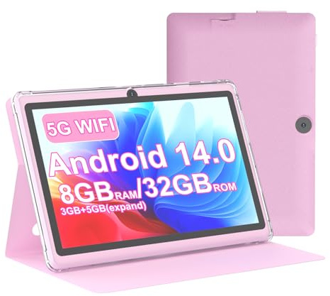 Nyxolaria Tablet Android 14.0 de 7 pulgadas con funda protectora, 8 GB RAM (3 GB + 5 GB de gasto) + 32 GB ROM, pantalla IPS, cámara dual, Bluetooth 5.0 2.4 G + 5G WiFi; pestaña de batería de 3000 mAh
