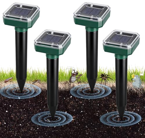 4 Piezas Ahuyentador de Topos Solar y Ultrasónico, Repelente para Topos, Ratas, Serpientes, Conejos, Ardillas y Ratones en el Jardín y para Cámping, Impermeable