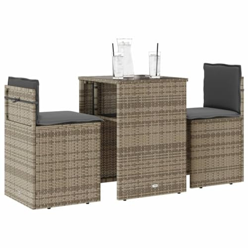 Owoxanthellate 3-TLG. Bistro-Set Grau mit Glas-Tisch, 55 x 52 x 76 cm, wetterfestes Poly-Rattan, platzsparend für kleine Balkone, Terrassen & Garten, inkl. abnehmbare Sitzkissen