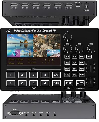 LICAEVEY 4K-HDMI-Video-Umschalter, 4-Kanal-Live-Stream-Umschalter mit 5,5-Zoll-Bildschirm und PTZ-Steuerung, Multi-Kamera-Mixer für Streaming-Content-Ersteller (EU-Stecker)