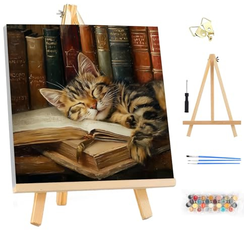 MEIYUDA Peinture par Numero Adulte avec Cadre, DIY Kit Peinture Chat endormi, Pinceaux de Dessin de Pigment, Decoration Maison Cadeau 25x25cm