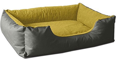 BedDog Hundebett LUPI, Hundekissen mit Abziehbaren Waschbaren Bezug, Hundekorb, Hundesofa, für Kleine Hunde, S, grau-gelb