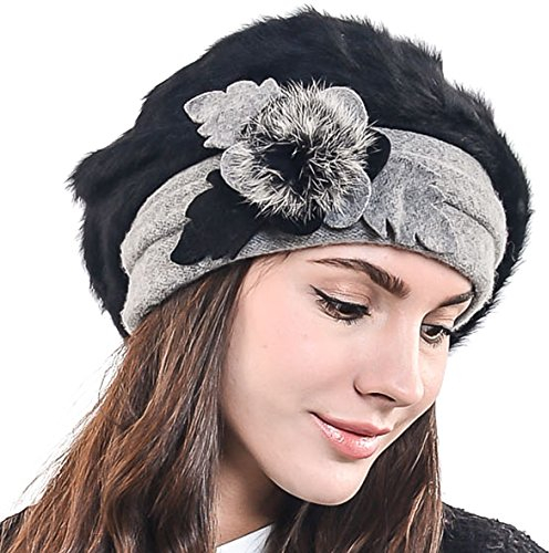 HISSHE Damen Barette Künstler Wolle Baskenmütze Angora Beanie Winter Mütze BR022 (Schwarz)