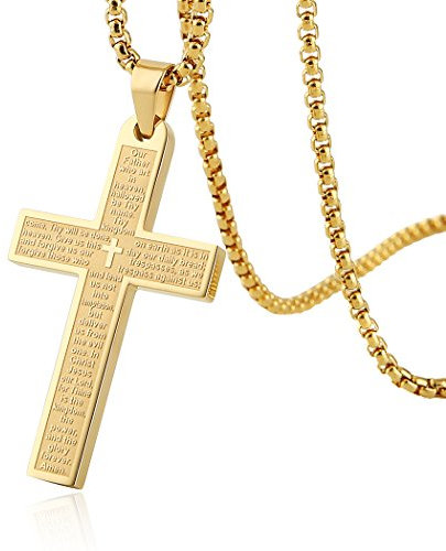 HZMAN Kreuz Kette für Herren Damen Edelstahl Vaterunser Bibel Verse Kreuz Halskette Anhänger Schmuck Geschenk (Gold)