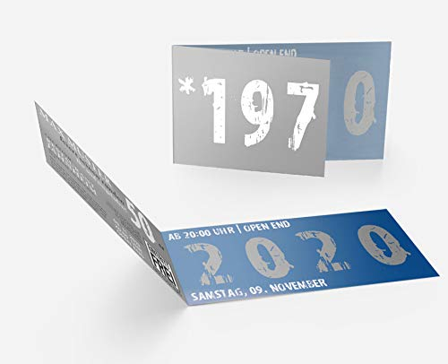 80 x Einladungskarten Geburtstag für alle Jahrgänge - Zeitsprung witzige Einladungskarten - Die Einladung zum Geburtstag Blau-Grau