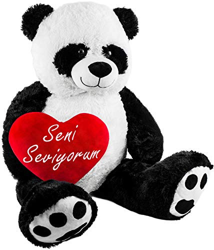 BRUBAKER XXL Panda 100 cm groß mit Seni Seviyorum Herz Stofftier Plüschtier Kuscheltier Teddybär
